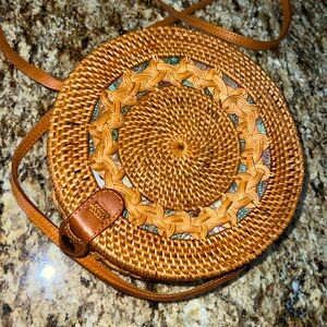 Round Rattan Purse 8” x 3” NWOT 46 “ Strap Snap closure Fully lined Spain
